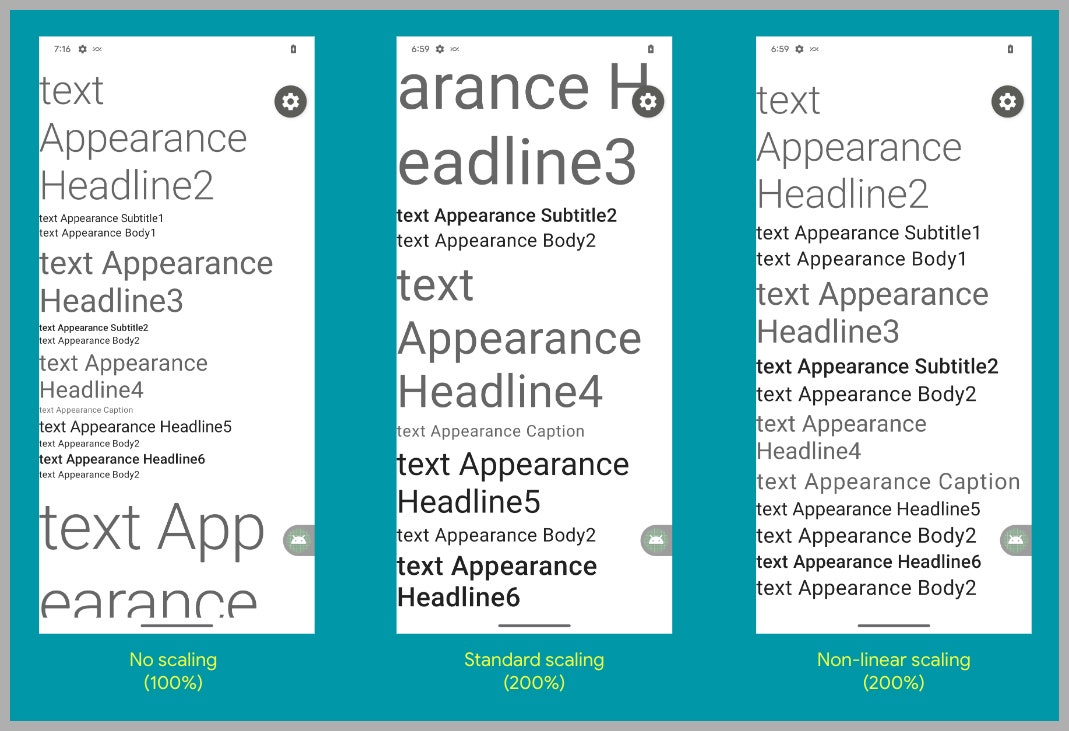 Screenshot of NonLinear Font Scaling text previews on Android 14