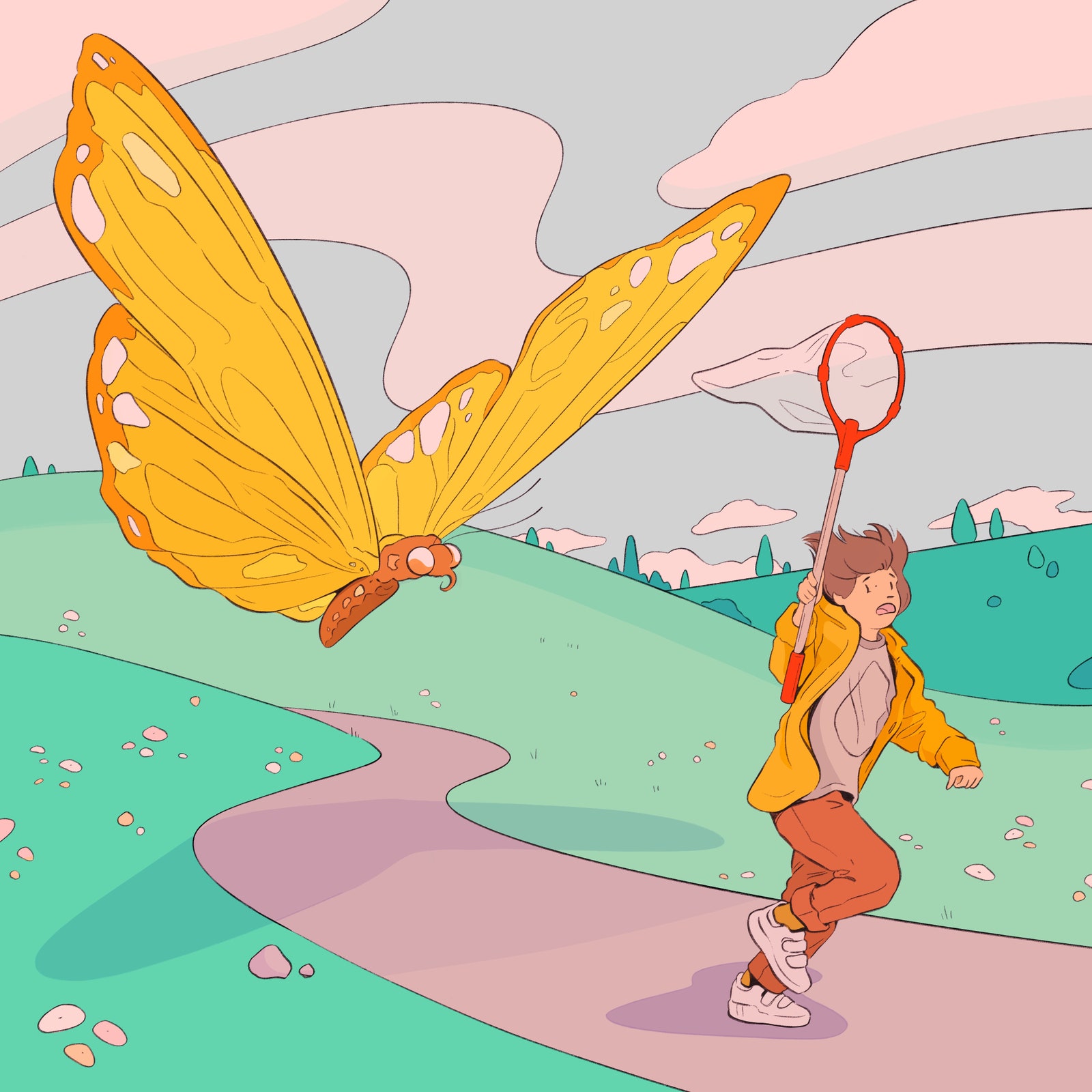 A giant butterfly chasing a child with a net.