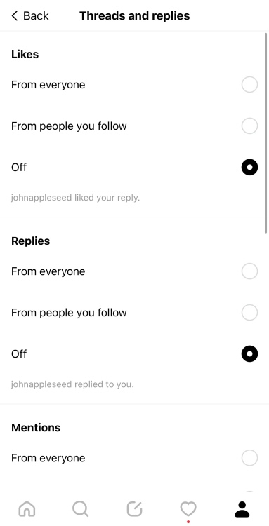 A screenshot of the 'threads and replies' settings page 