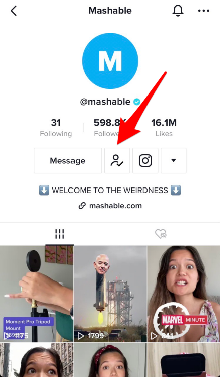 Mashable's TikTok profile page with the person icon highlighted. 