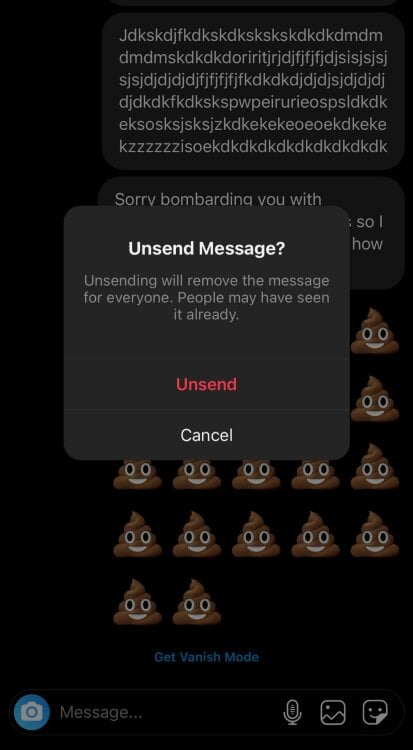 Screenshot of Instagram DMs with the "Unsend Message" prompt..