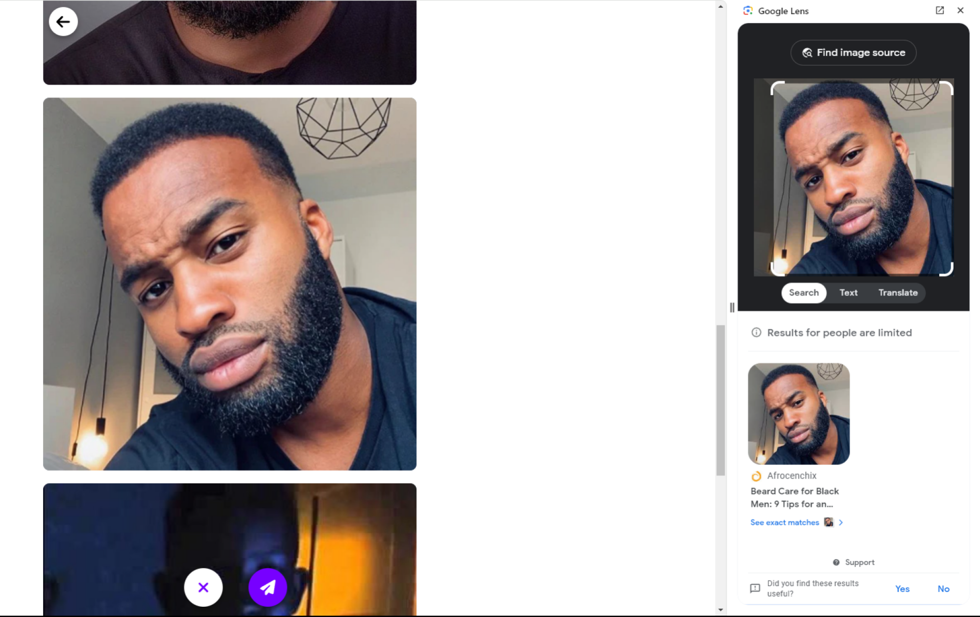 User profile with photos - A user profile on Duolicious showing several photos of a man with a beard, with the option to find the image source using Google Lens on the right side of the screen.