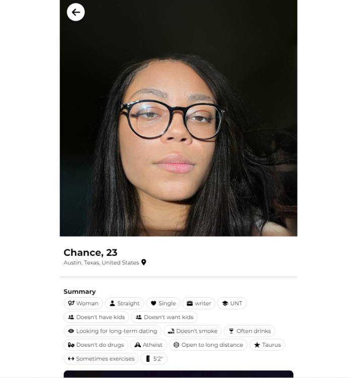 User profile "Chance, 23" - A user profile for "Chance, 23" from Austin, Texas, showing her photo and profile summary, including details about her preferences, habits, and interests.