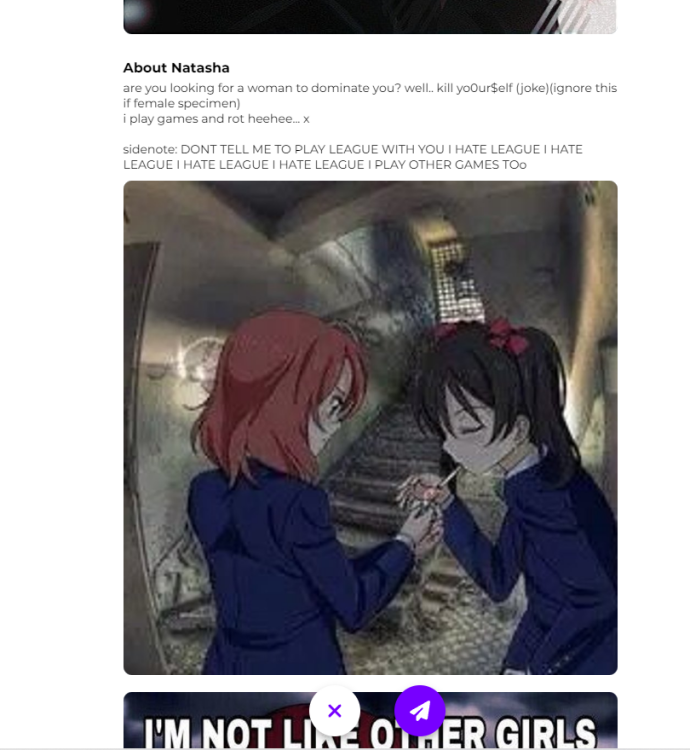 User profile "About Natasha" - A user profile section titled "About Natasha" with text expressing a preference against playing League of Legends and a humorous, edgy tone. Below the text is an anime image of two girls.