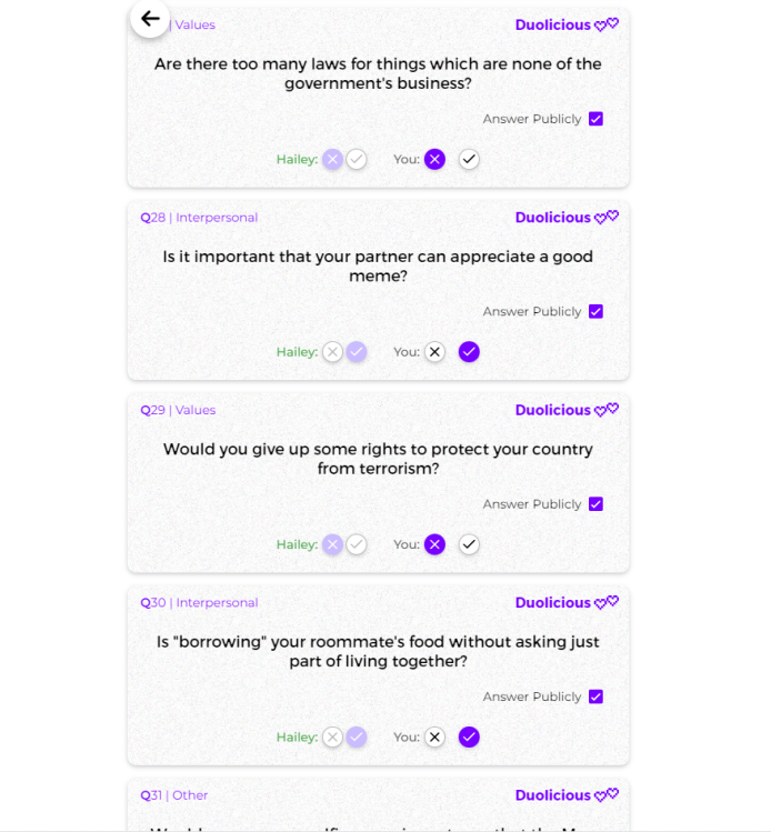 Duolicious compatibility questions - A list of compatibility questions on Duolicious, including questions about government laws, meme appreciation, terrorism rights, borrowing roommate's food, and unspecified "Other" topics.