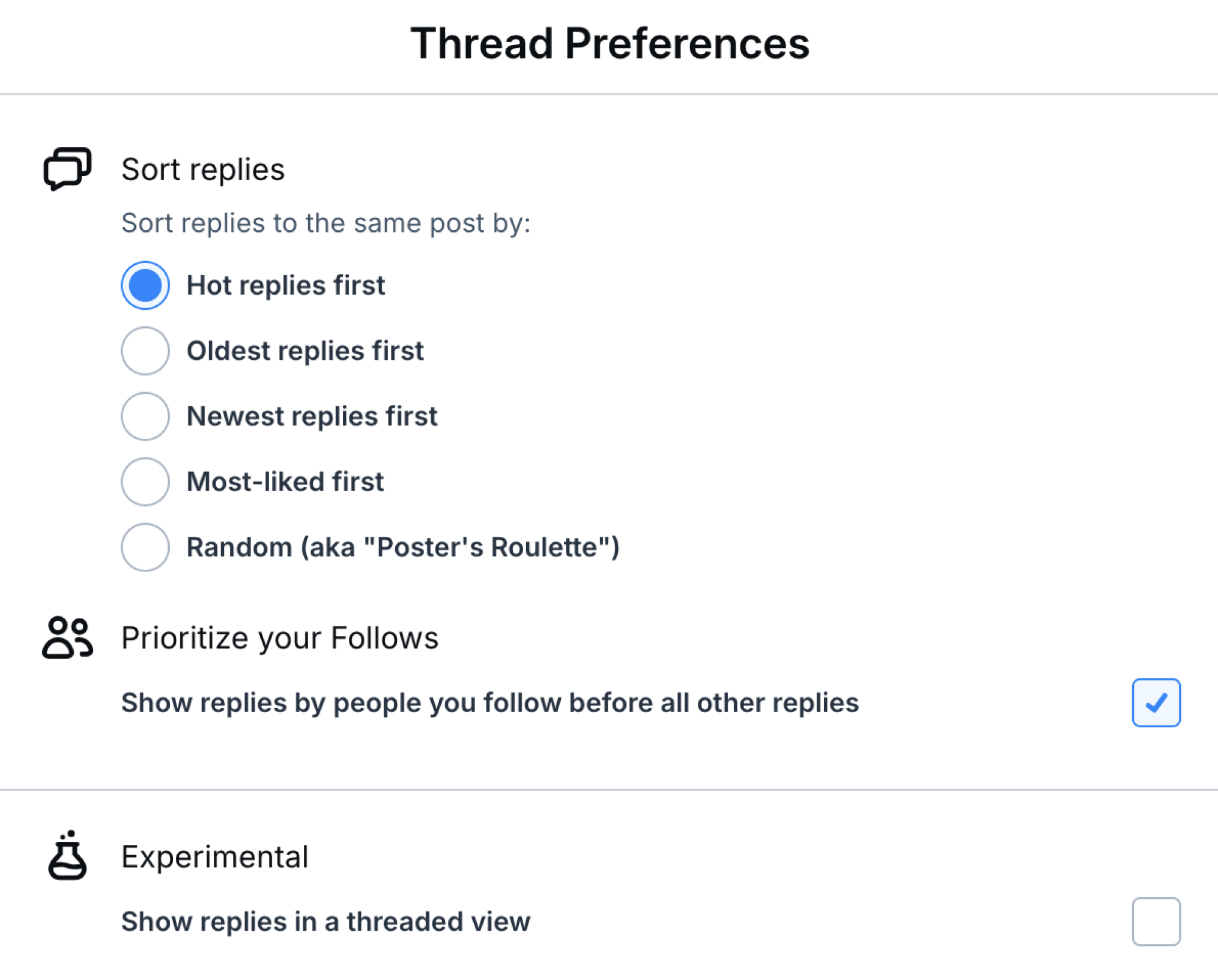 Bluesky's Thread Preferences showing "Hot replies first"