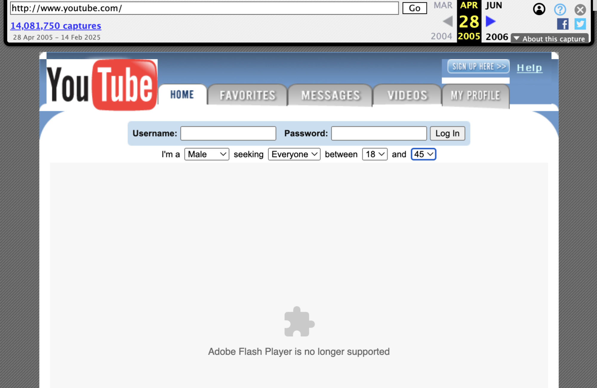 YouTube in April 2005 on the Internet Archive