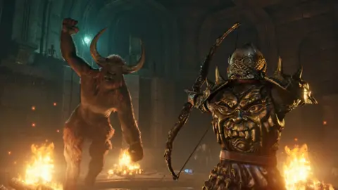 Bethesda A man in armor shoots an arrow at a monster