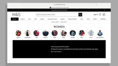 M&S A screenshot from the M&S website's women's clothing section displays a clickable banner informing customers "we have paused online orders" and that "products remain available to browse online and stores are open".