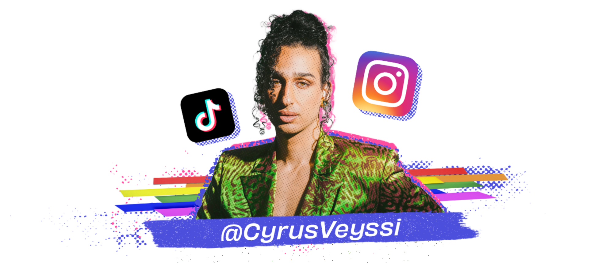 A collage featuring a photo of Veyssi, the TikTok and Instagram logos, and the username @CyrusVeyssi.