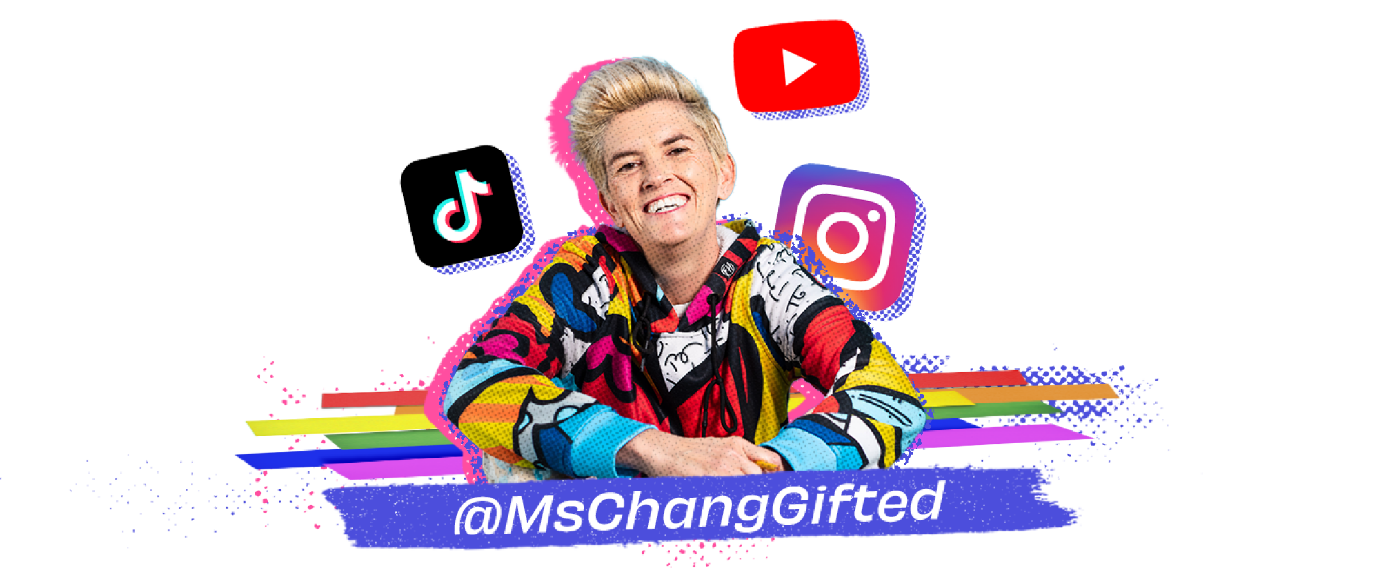 A collage featuring a photo of Chang; the TikTok, Instagram, and YouTube logos; and the username @MsChangGifted.