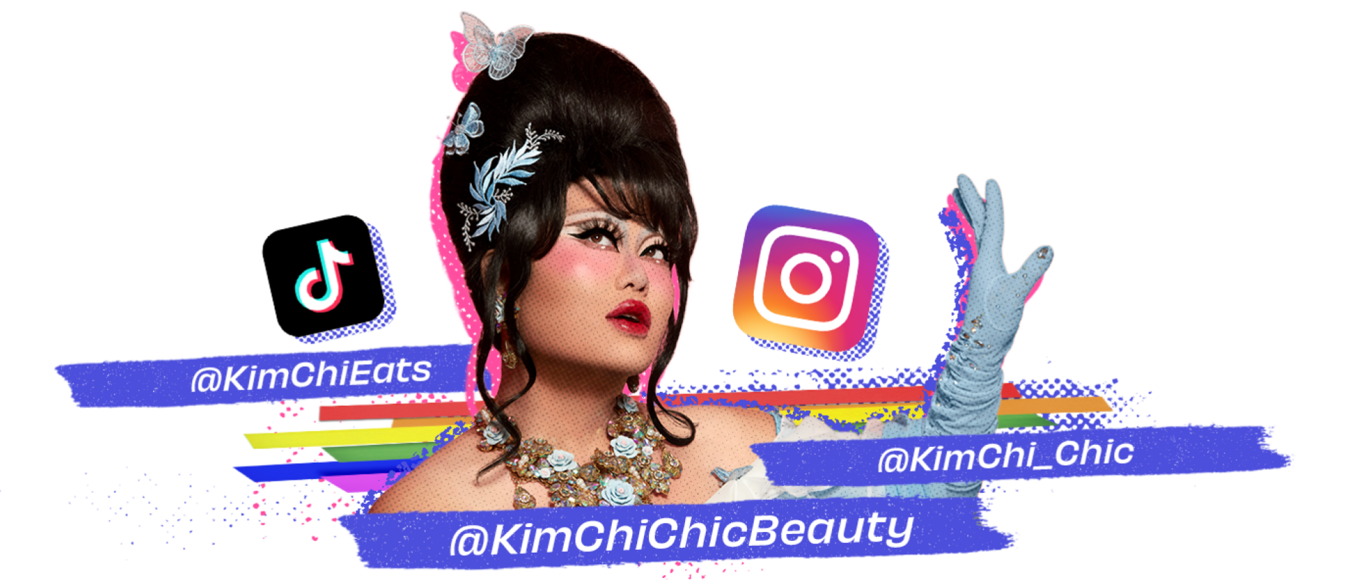 A collage featuring a photo of Kim Chi, the TikTok and Instagram logos, and three usernames: @KimChiEats, @KimChi_Chic, and @KimChiChicBeauty.