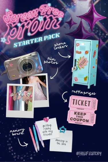 A collage of images labelled as a "Screen Free Prom Starter Pack," including a locker, a digital camera, polaroids, ticket stubs, and pens and paper.