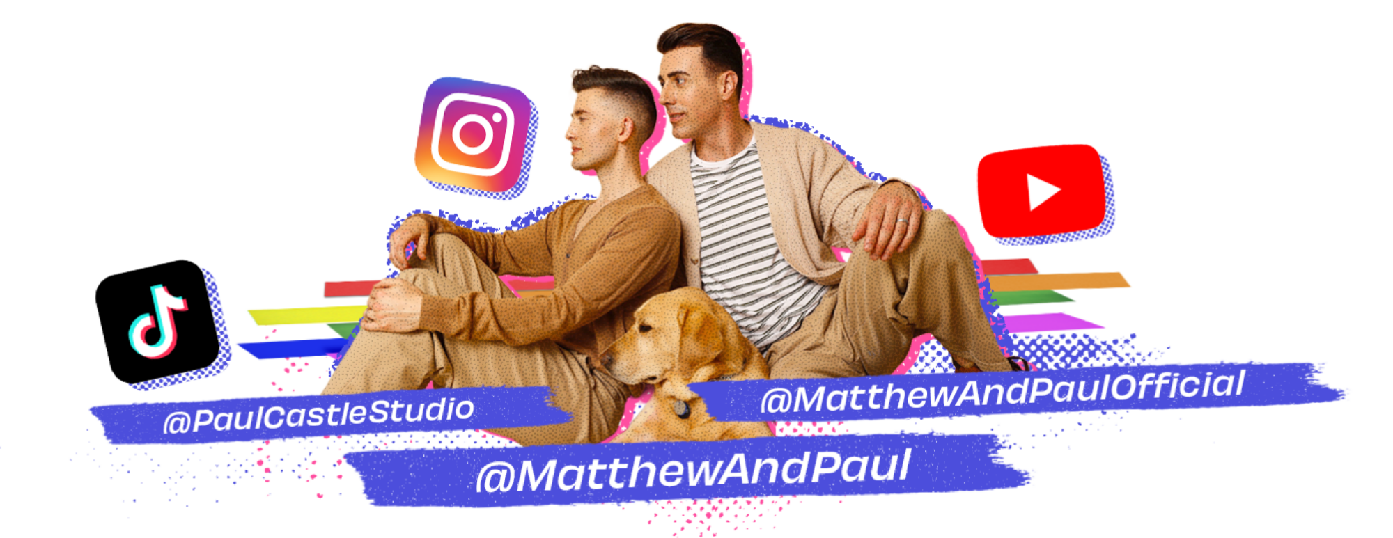 A collage featuring a photo of the Castles and their dog Mr. Maple; the TikTok, Instagram, and YouTube logos; and three usernames: @PaulCastleStudio, @MatthewAndPaul, and @MatthewAndPaulOfficial