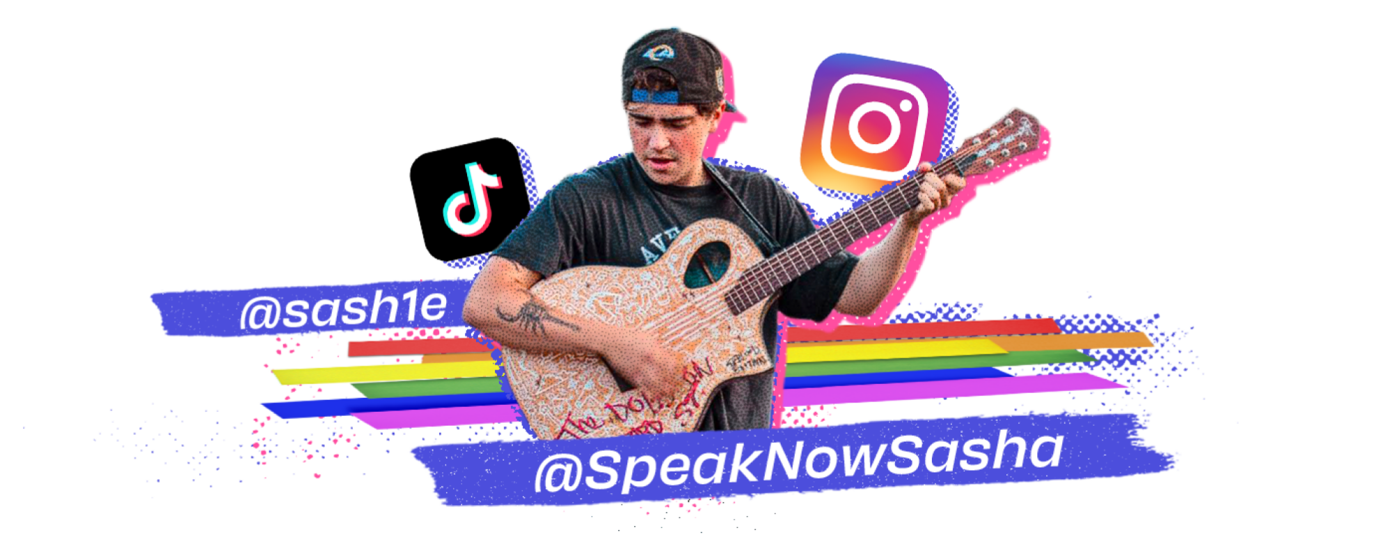 A collage featuring a photo of Allen, the TikTok and Instagram logos, and the usernames @sash1e and @SpeakNowSasha.