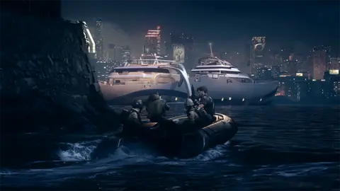 Activision Screenshot shows a squad of four soldiers in a small boat approaching a large yacht. In the background, the nighttime skyline of a city lined by skyscrapers is visible.