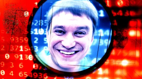 BBC Digital numbers and a fingerprint appear on a bright orange background. In the centre, framed inside a magnifying glass, is a young smiling man with close-cropped dark hair.