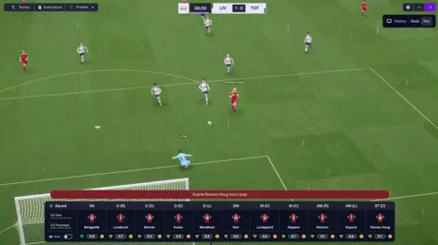 Sports Interactive A screenshot from the game. It shows Sophie Roman Haug scoring a goal for Liverpool against Tottenham. On the screen is lots of information, including the scoreline, a list of players and their ratings.