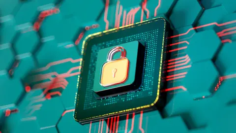 Getty Images A green lock sign button on a green and red digital cpu. 