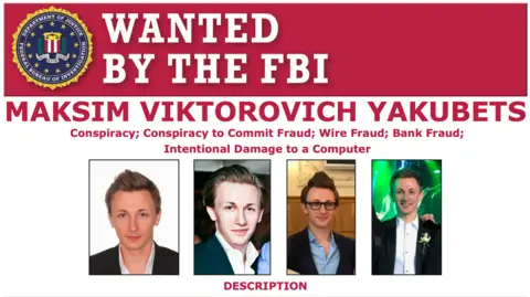 FBI Page from FBI website that shows four different images of the same man - young, with light brown hair. At the top of the page, it says the text: "Wanted by the FBI - Maksim Viktorovich Yakubets. Conspiracy; conspireacy to commit fraud; wire fraud; bank fraud; intentional damage to a computer."
