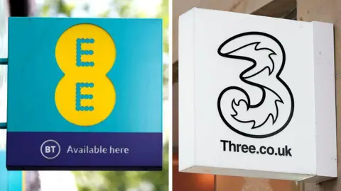 Getty Images A sign on an EE shop with its logo says "BT Available here" beside a black and white Three shop sign