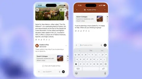 OpenAI Screenshot of ChatGPT, showing a query about Santa Fe, New Mexico. Below shows an advert for desert cottages, with a "sponsored" message.