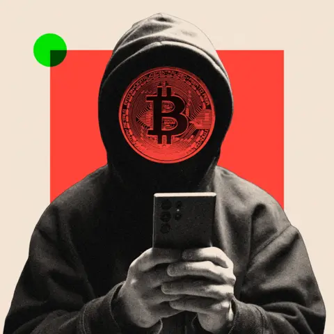 BBC A edited image of a hooded hacker holding a phone with a Bitcoin face
