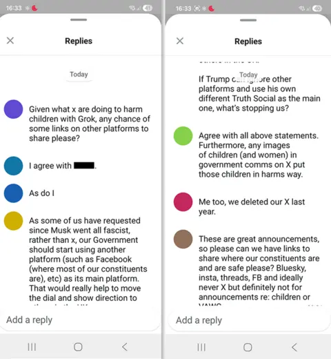 A mocked-up image of the leaked WhatsApp messages from Labour MPs, with identities redacted 