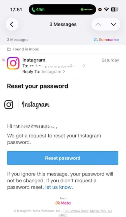 screenshot of instagram password reset email on iphone screen